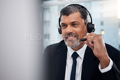 Buy stock photo Customer service, call center and mature man with microphone for communication on mockup space. Smile, telemarketing and professional, sales manager or consultant with headphones for business support