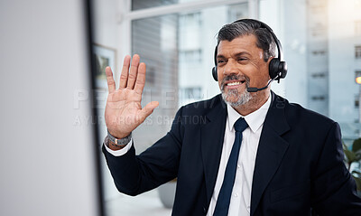 Buy stock photo Video call, telemarketing and man wave on computer for communication in office. Hello, smile and mature customer service consultant or sales manager in crm webinar, virtual meeting and online chat