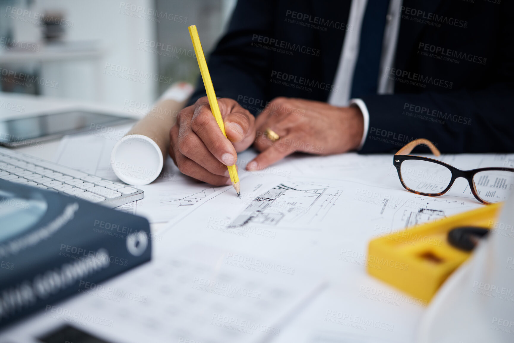 Buy stock photo Hands, architecture and pencil for drawing blueprint, project illustration or engineering process. Closeup, designer and man planning documents, floor plan and papers to sketch scale of renovation 