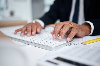 Buy stock photo Hands, keyboard and architect typing at desk for research, architecture and planning on internet. Computer, fingers and engineer writing, construction design and email for online project in office