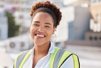 Smile, rooftop and portrait of woman architect happy for city building design at an outdoor urban town development. Contractor, architecture and young engineering professional at a construction