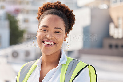 Buy stock photo Smile, rooftop and portrait of woman architect happy for city building design at an outdoor urban town development. Contractor, architecture and young engineering professional at a construction