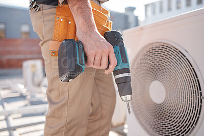 Buy stock photo Hands, man and outdoor for air conditioner maintenance, roof and building in city, drill or construction. AC repair, hvac system and tools for engineer, technician or expert in ventilation on rooftop