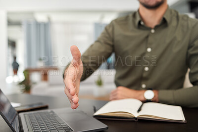 Buy stock photo Business man, closeup and recruitment for handshake at desk, hiring interview and HR meeting in office. Trust, employer and offer support for shaking hands in partnership, introduction and welcome 