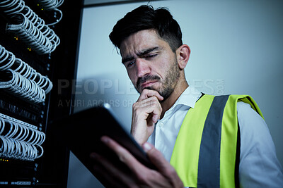 Buy stock photo Engineer man, thinking and tablet in server room for information technology, maintenance and app in night. IT technician, digital touchscreen and idea for inspection, analysis or check at data center