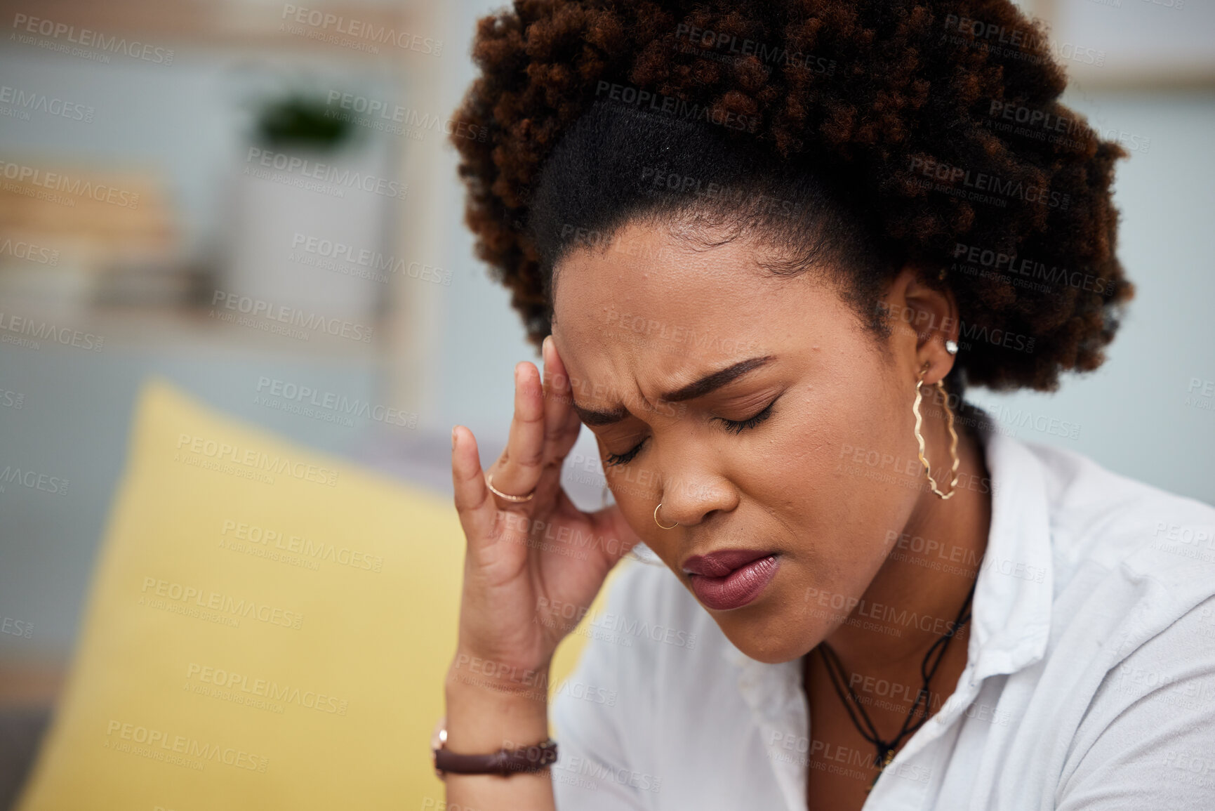 Buy stock photo Woman, headache and stress in debt, financial crisis or burnout on sofa at home. Face of African female person with bad head pain, migraine or mental health strain from pressure or difficulty