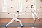 Sport, fencing and men with sword to fight in training, exercise or workout in a hall. Martial arts, match and fencers or people with mask and costume for fitness, competition or target in swordplay