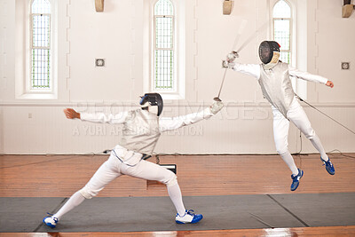 Buy stock photo Sport, fencing and men with sword to fight in training, exercise or workout in a hall. Martial arts, match and fencers or people with mask and costume for fitness, competition or target in battle