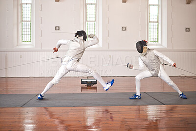 Buy stock photo Fight, training and people in fencing competition, duel or combat with martial arts fighter and athlete with a sword and weapon. Warrior, blade and team in creative fight, exercise or fitness