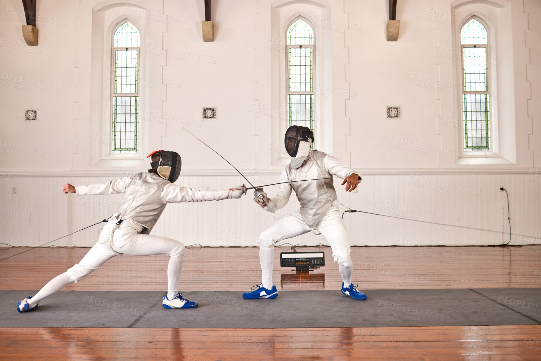 Buy stock photo People, fighting and fencing with a sword in competition, duel or combat with martial arts fighter and athlete with a weapon. Warrior, blade and person in creative fight, exercise or fitness