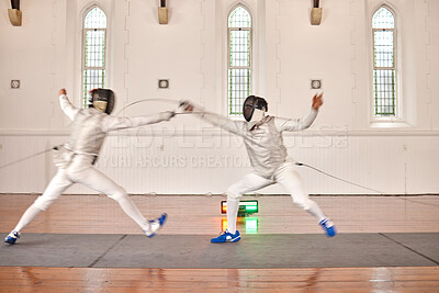 Buy stock photo Fight, fencing sword and people in sports training, exercise or workout in a hall. Martial arts, match and fencers or men with mask and costume for fitness, competition or stab target in swordplay
