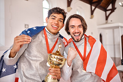 Buy stock photo USA flag, fencing and portrait of men with trophy for winning competition, challenge and sports match. Fitness, sword fighting and excited male athletes celebrate with prize for games or tournament