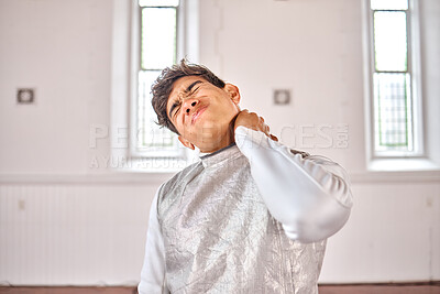 Buy stock photo Fencing, man and neck pain, injury or accident after training, exercise or workout in club. Fencer, spine problem and athlete with arthritis, fibromyalgia or osteoporosis, wound and medical emergency