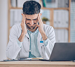 Frustrated man, doctor and headache in stress, mistake or debt from burnout, pain or deadline at the hospital. Male person or medical employee in anxiety, depression or mental health at the clinic