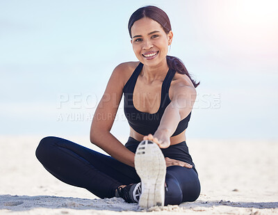 Buy stock photo Portrait, beach and woman stretching feet happy in nature for running, workout or body, exercise or wellness. Shoes, stretch and face of female runner smile at sea for training, sports or fitness 