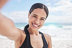 Happy woman, portrait and fitness on beach for selfie, photography or outdoor social media post. Female person smile for picture, photo or memory in workout, exercise or running on the ocean coast