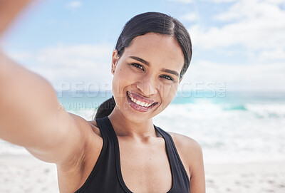 Buy stock photo Happy woman, portrait and fitness on beach for selfie, photography or outdoor social media post. Female person smile for picture, photo or memory in workout, exercise or running on the ocean coast