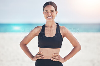 Buy stock photo Fitness, portrait and happy woman at a beach for running, workout and sports exercise in nature. Ocean, smile and face of female runner at sea for wellness, health and training routine in Jamaica 