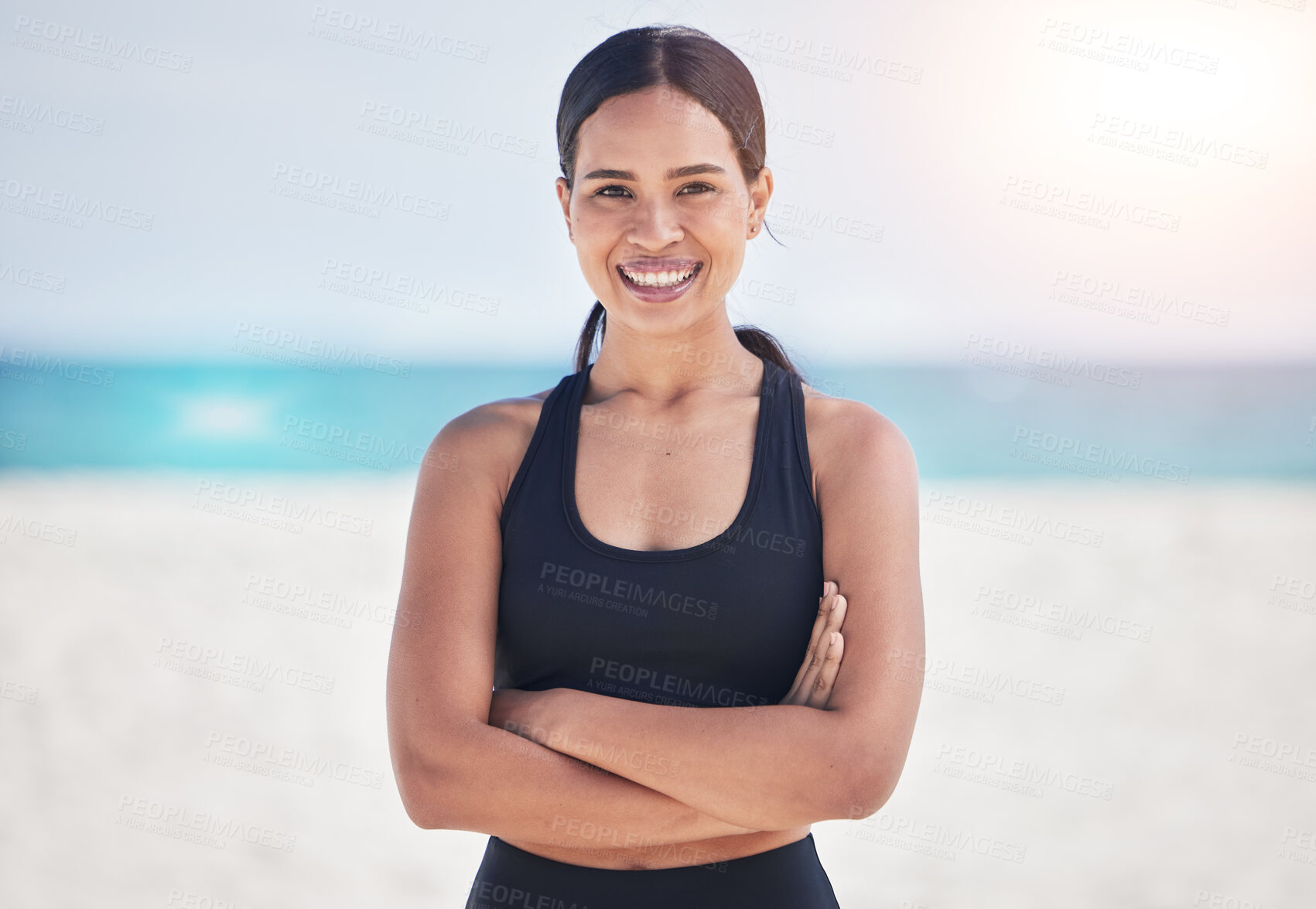 Buy stock photo Happy woman, portrait and fitness on beach with arms crossed for professional workout or exercise on mockup. Female person in confidence for outdoor cardio training or healthy body on ocean coast