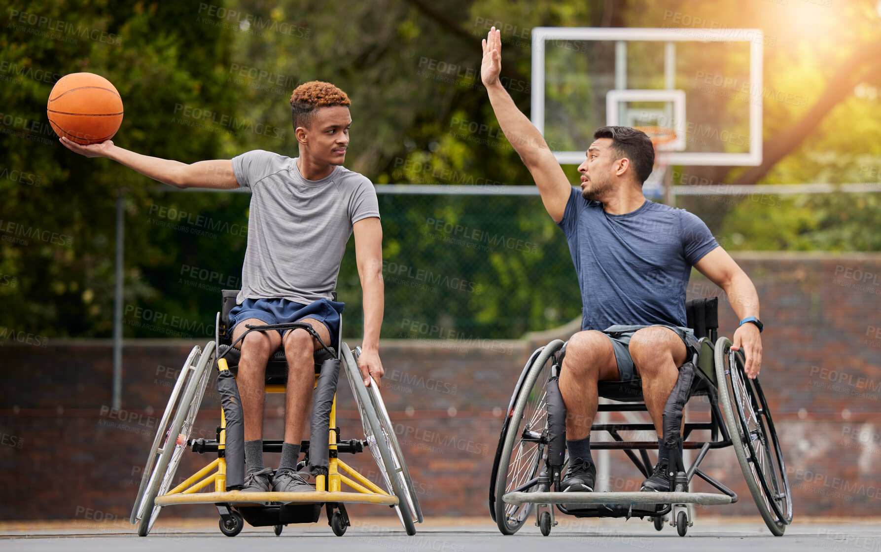 Buy stock photo Sports, basketball and men in wheelchair on court for training, exercise and workout on outdoor park. Fitness, team and male people with disability play with ball for competition, practice and games