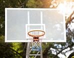 Sports, basketball and target with net on court for training, goals and competition. Games, club and fitness with fabric hoop in playground stadium for champion, challenge and winner tournament