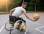 Sports, basketball court and man in wheelchair for playing competition, challenge and practice outdoors. Fitness, wellness and male person with disability with ball for training, workout and exercise