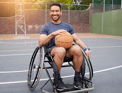 Buy stock photo Basketball player, portrait and man in wheelchair for sports, fitness and training game on court. Person with a disability, Mexican athlete and mobility equipment for ball match, exercise and workout