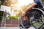Sports, basketball court and man in wheelchair for goal in competition, challenge and practice outdoors. Fitness, wellness and male person with disability with ball for training, workout and exercise