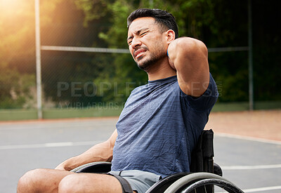 Buy stock photo Neck pain, tired and basketball court with man and wheelchair user for sports injury, inflammation and fitness. Games, health and challenge with person with a disability for accident and emergency