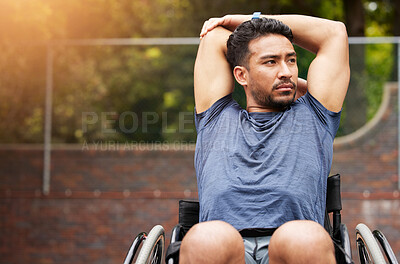 Buy stock photo Fitness, stretching and wheelchair user with man on basketball court for training, challenge and competition. Sports, health and warm up with person with a disability for workout, game and start