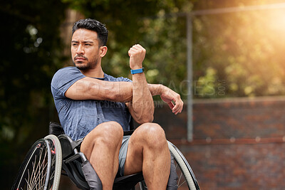 Buy stock photo Basketball, stretching and wheelchair user with man on court for training, challenge and competition. Fitness, health and sports warm up with person with a disability for workout, game and start