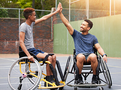 Buy stock photo Sports, wheelchair basketball court and happy people high five, celebrate success and smile for match competition win. Player celebration, winner and athlete with disability excited for achievement
