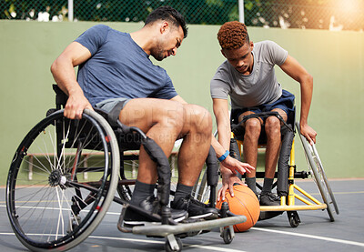 Buy stock photo Sports, basketball and men in wheelchair playing for training, exercise and workout on outdoor court. Fitness, team and male people with disability tackle for ball for competition, practice and games