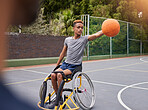 Basketball, wheelchair and man with sports ball at outdoor court for fitness, training and cardio. Exercise, hobby and male with disability at a park for game, workout and weekend fun or active match