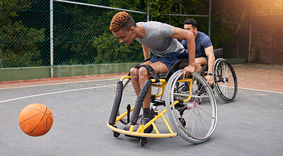 Buy stock photo Sports, basketball and men in wheelchair for exercise, training and workout on outdoor court. Fitness, team and male people with disability tackle ball for playing competition, practice and games