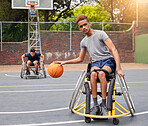 Sports, wheelchair basketball court and man focus on playing match competition, challenge or fitness practice. Player attack, cardio workout and athlete with disability, training and exercise
