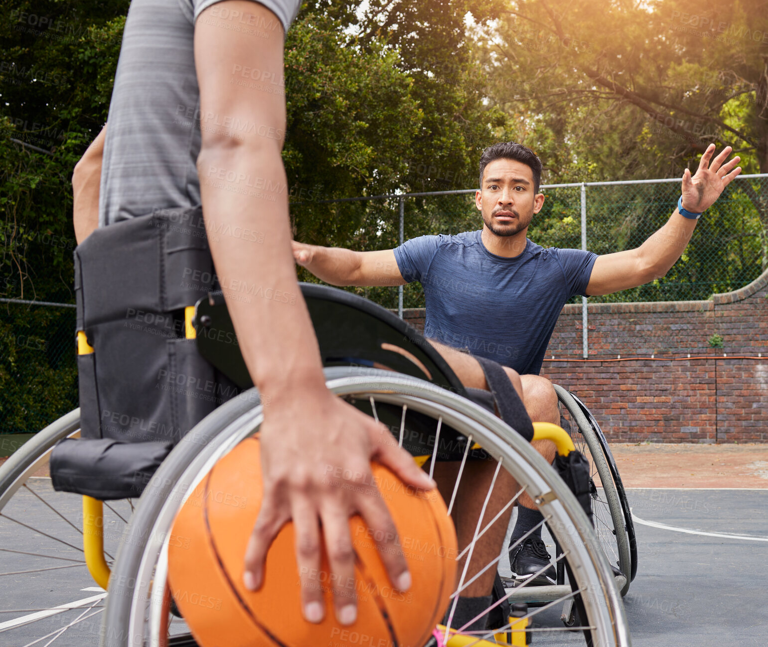 Buy stock photo Sports competition, wheelchair basketball court and people playing competitive match, defend or practice attack. Athlete player, commitment and active men with disability, training and exercise
