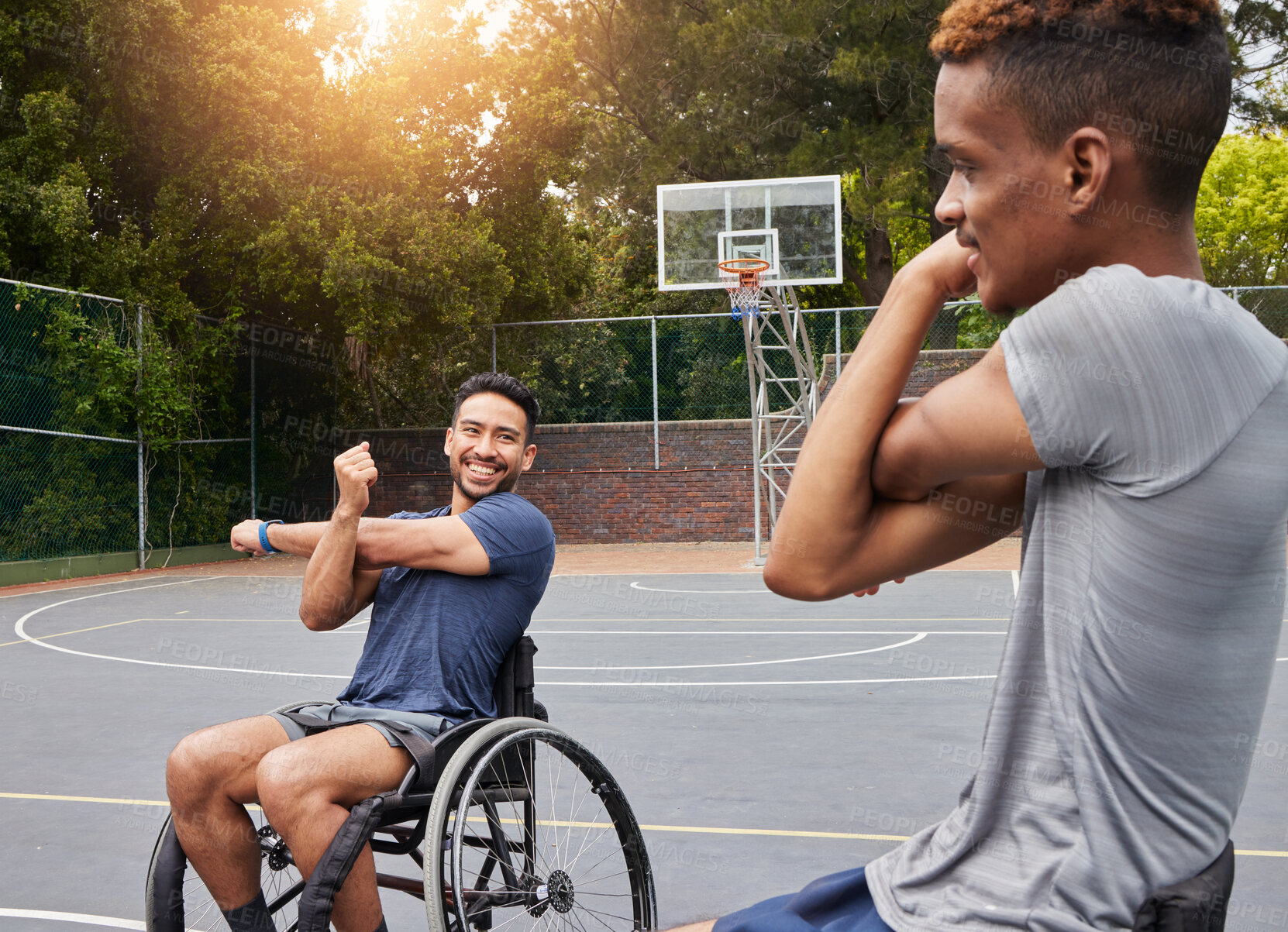 Buy stock photo Stretching, wheelchair user and man on basketball court for training, challenge and competition. Fitness, health and teamwork with person with a disability warm up for sports workout, game and start