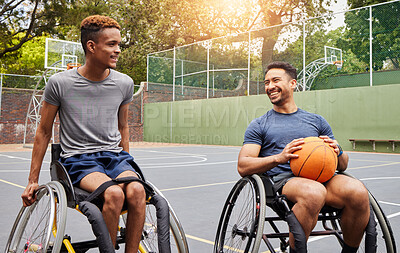 Buy stock photo Basketball player, men and team in wheelchair for sports break, rest and fitness on training court. People with a disability, athletes and happy with ball, mobility equipment and exercise workout