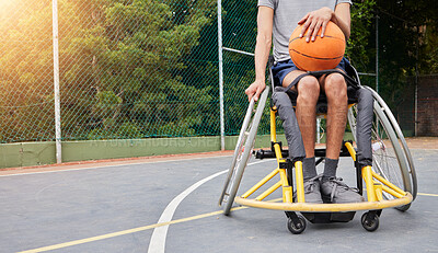 Buy stock photo Sports, basketball and man in wheelchair with ball for playing game, challenge and practice outdoors. Fitness mockup, wellness and male person with disability for training, workout and exercise