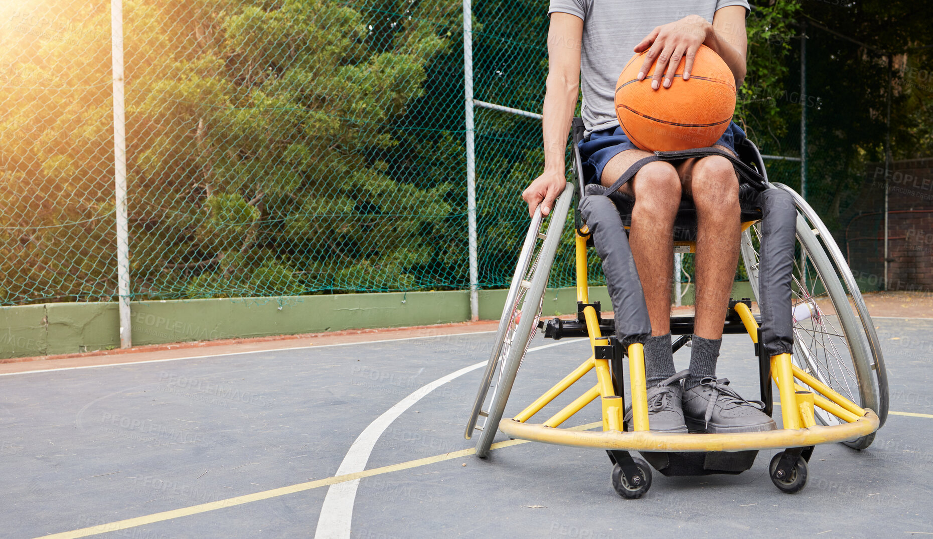 Buy stock photo Sports, basketball and man in wheelchair with ball for playing game, challenge and practice outdoors. Fitness mockup, wellness and male person with disability for training, workout and exercise