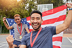 Basketball, champion and wheelchair user with men and USA flag for success, trophy or sports. Training, winner and achievement with portrait of people with a disability for competition and teamwork