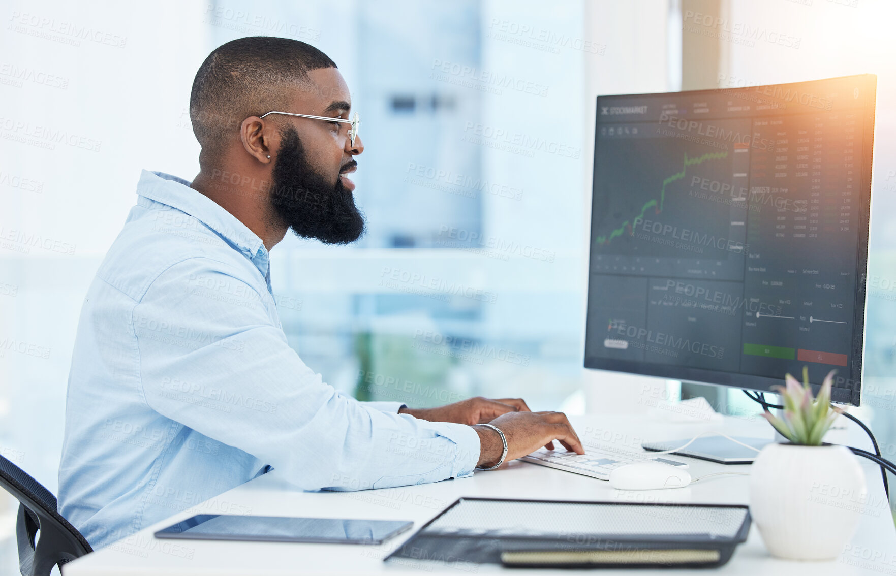 Buy stock photo Trading, computer and business with black man in office for stock market, finance and growth. Investment, cryptocurrency and data with male employee for digital, technology and profit analysis