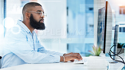Buy stock photo Black man, finance or trader typing on computer for stock market or cryptocurrency website for payment. Overlay, password or financial investor trading online for savings investment growth in office
