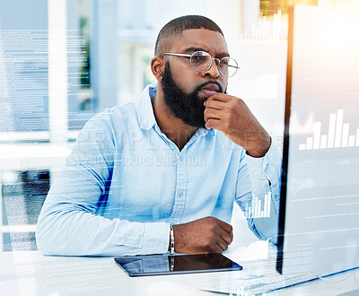 Buy stock photo Overlay, thinking or black man trading on computer for investment stocks or future profit growth. Data analysis, crypto website fintech or trader reading news, analytics or financial info online 