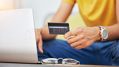 Buy stock photo Credit card, hand and laptop for online shopping, sale and payment with technology at home. Web banking, ecommerce and website promotion with person buying on computer for deal purchase on app