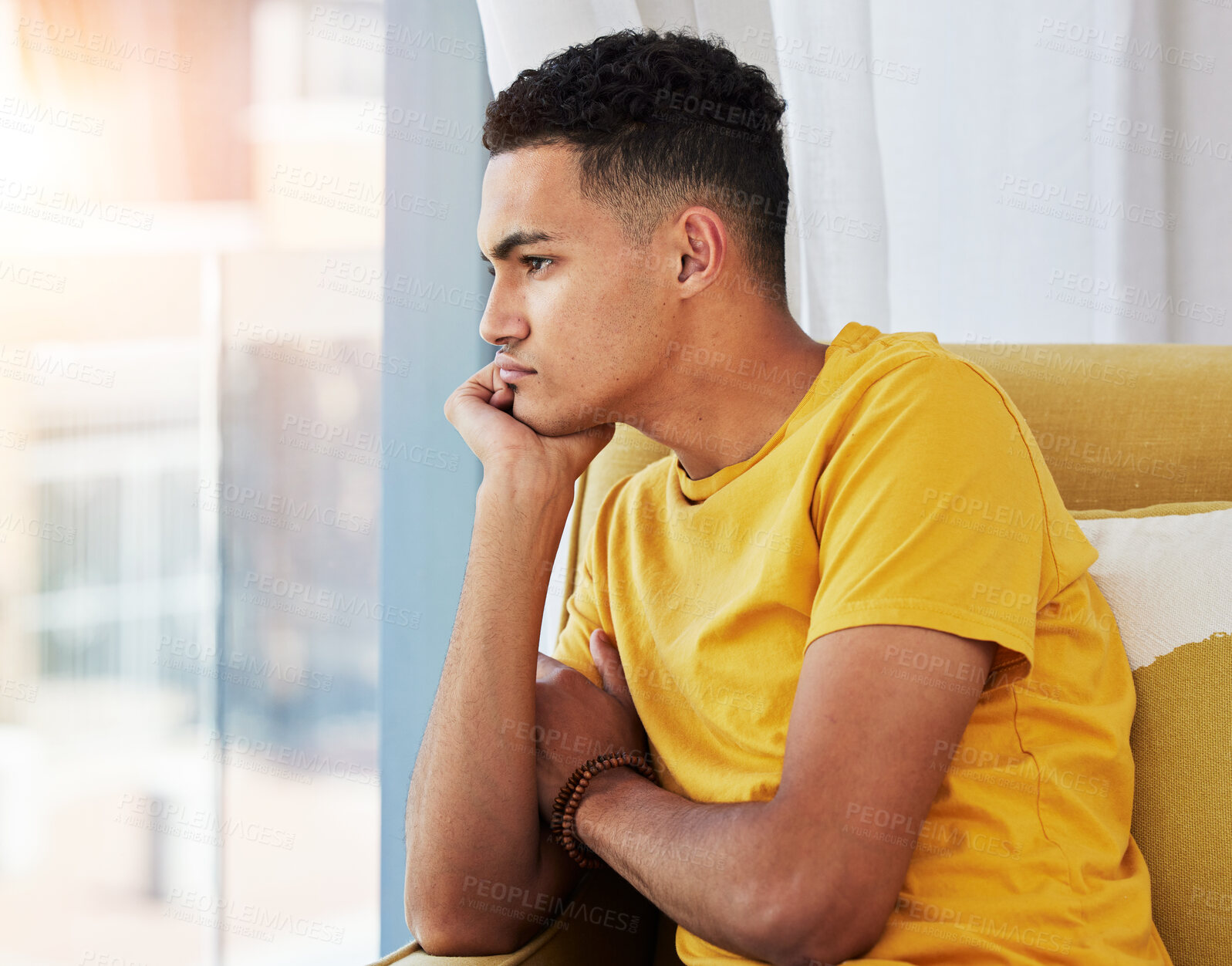 Buy stock photo Thinking, man and home sofa with depression and problem in living room feeling bored and frustrated. Sad, grief and mental health of a male person on couch with anxiety and tired from stress of fail