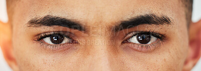 Banner, closeup and portrait of the eyes of a man for optometry, eye care or microblading. Zoom, eyebrow cosmetics and face of a person or male model with vision, healthcare or contact lenses