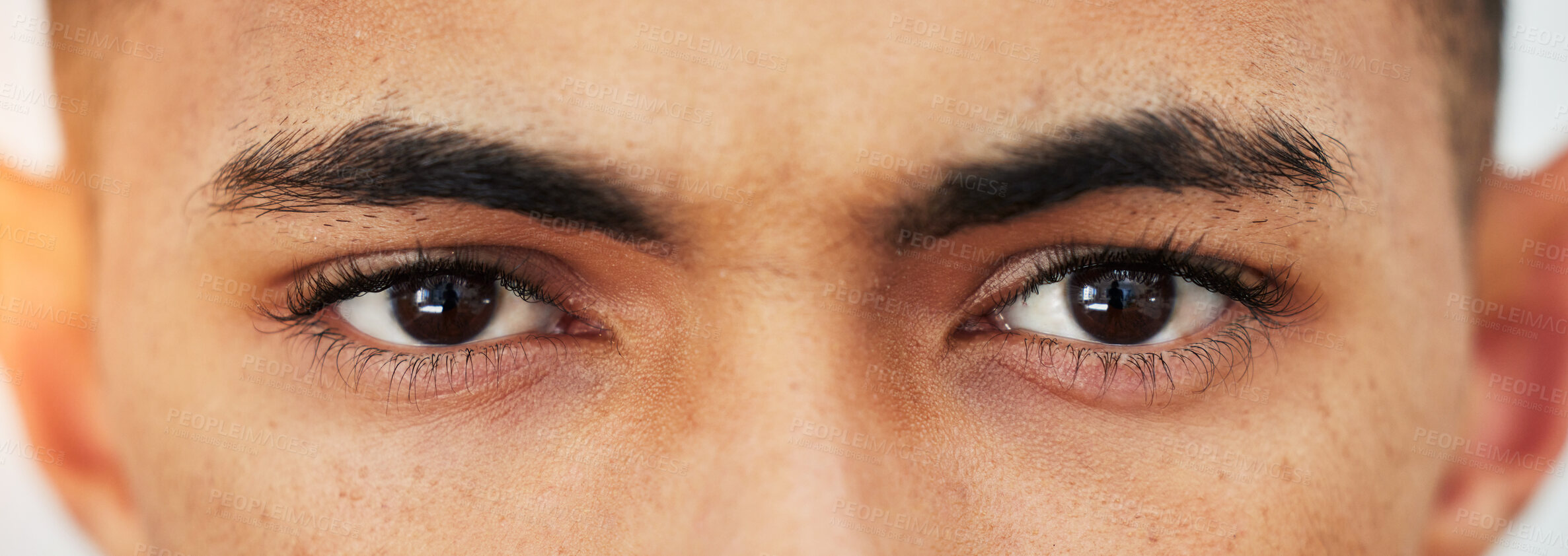 Buy stock photo Banner, closeup and portrait of the eyes of a man for optometry, eye care or microblading. Zoom, eyebrow cosmetics and face of a person or male model with vision, healthcare or contact lenses