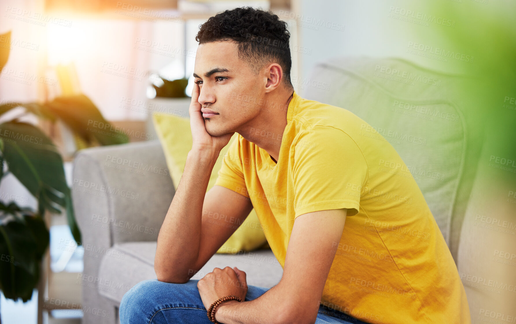 Buy stock photo Thinking, man and home sofa with stress and depression in living room feeling bored and frustrated. Sad, grief and mental health of male person on a couch with anxiety and tired from concerns of fail